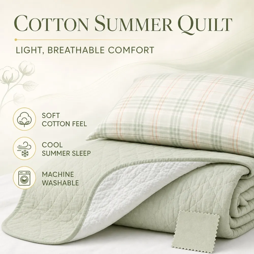 Soft Cotton Summer Quilt Mockup with Plaid Pillow｜AI Image Generation Prompts