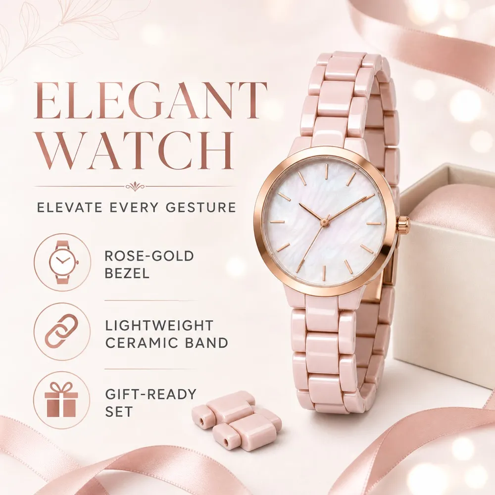 Elegant Pink Ceramic Women's Watch with Rose Gold Bezel｜AI Image Generation Prompts