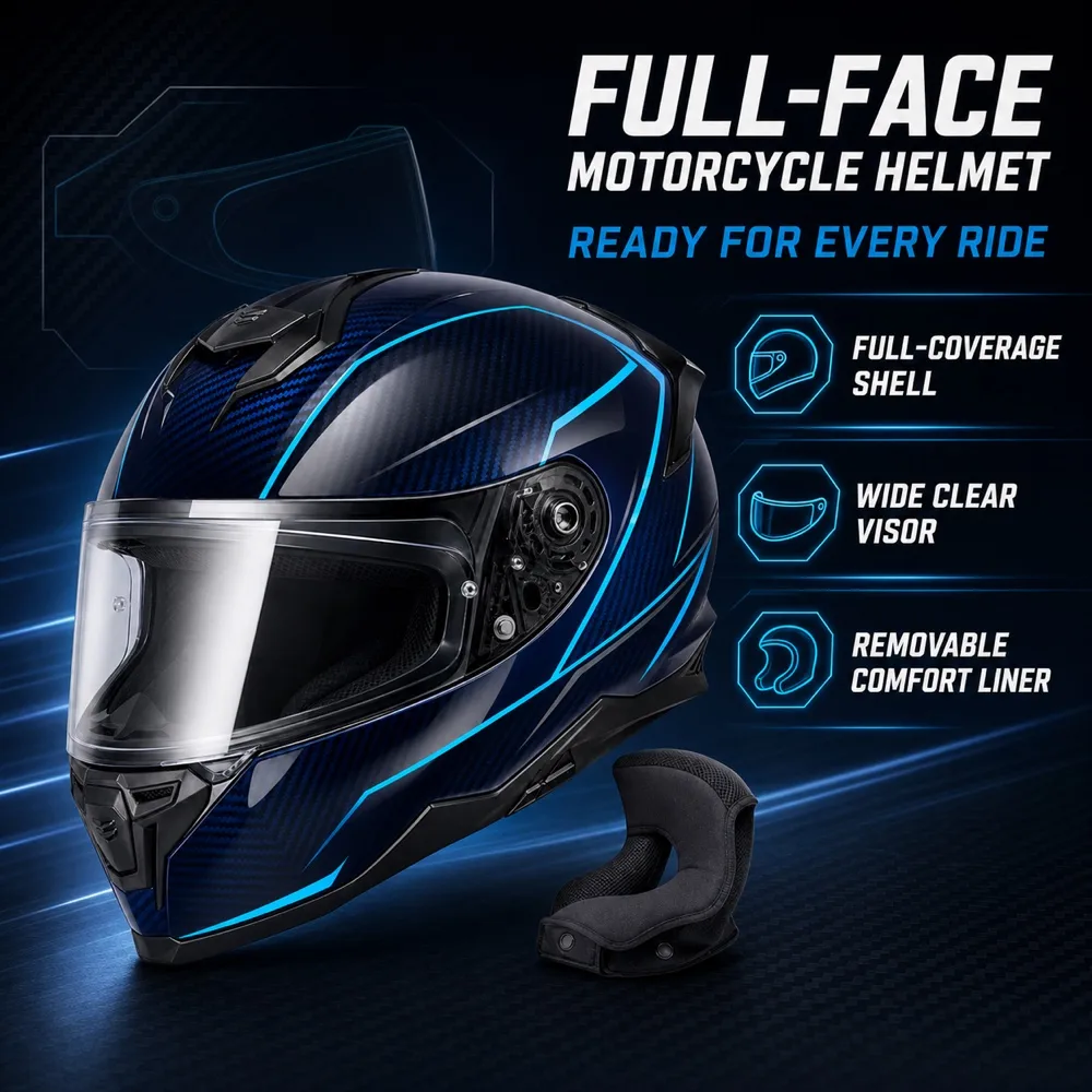 Black Blue Motorcycle Full Face Helmet with Removable Liner｜AI Image Generation Prompts