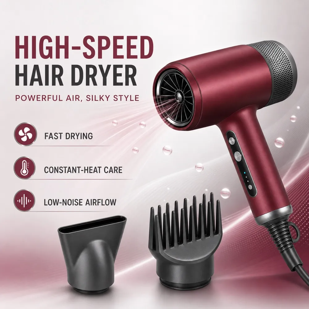 Red High-Speed Hair Dryer Mockup with Attachments｜AI Image Generation Prompts