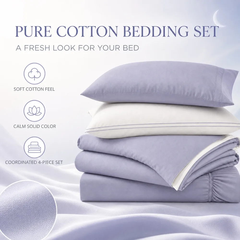 Solid Color Pure Cotton Four-Piece Bedding Set｜AI Image Generation Prompts
