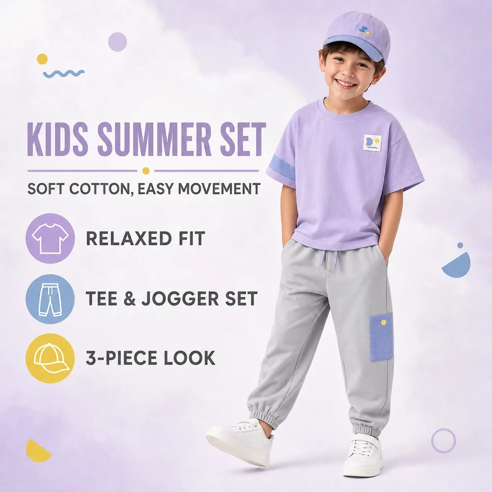 Kids Summer Clothing Set Mockup with Purple T-shirt and Pant｜AI Image Generation Prompts