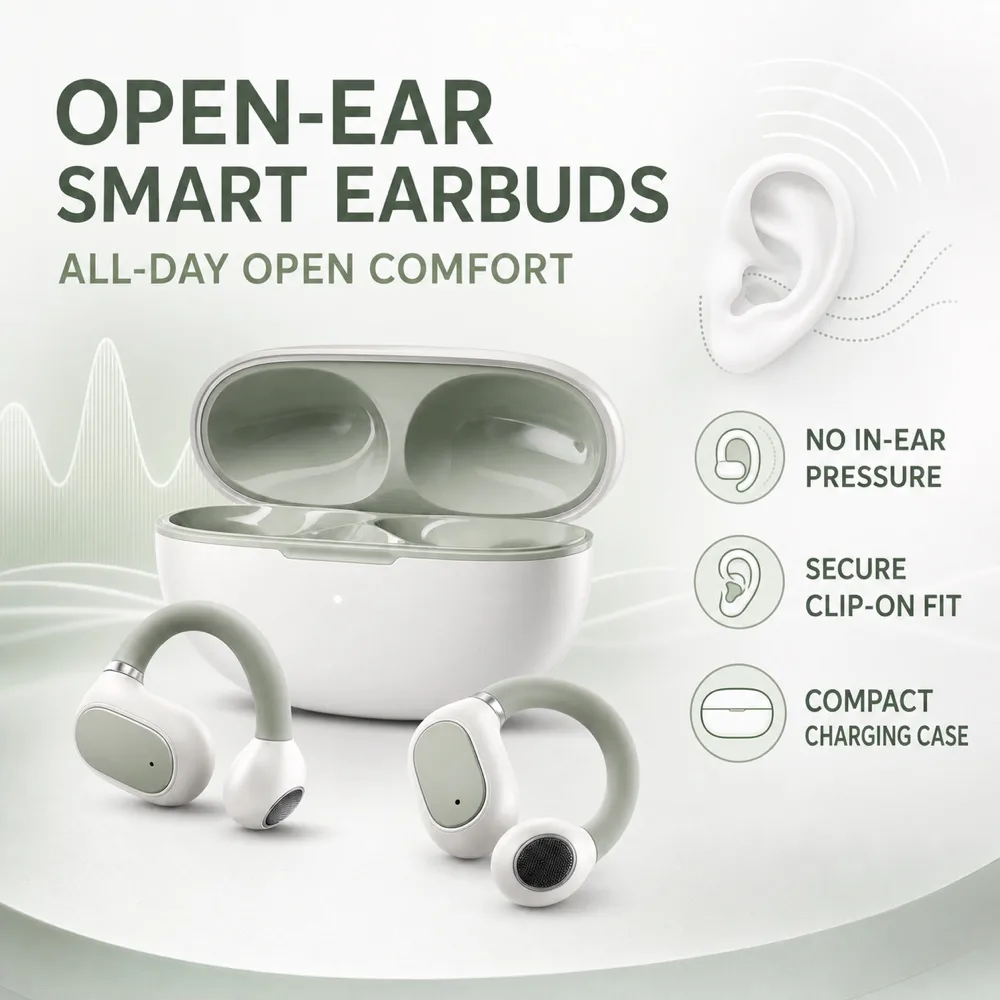 Open Ear Smart Earbuds Mockup with Charging Case｜AI Image Generation Prompts
