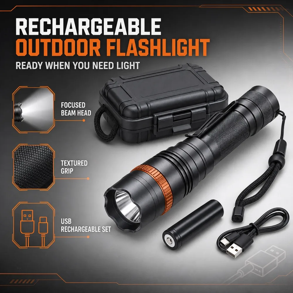 Outdoor Rechargeable Flashlight Set with Case｜AI Image Generation Prompts