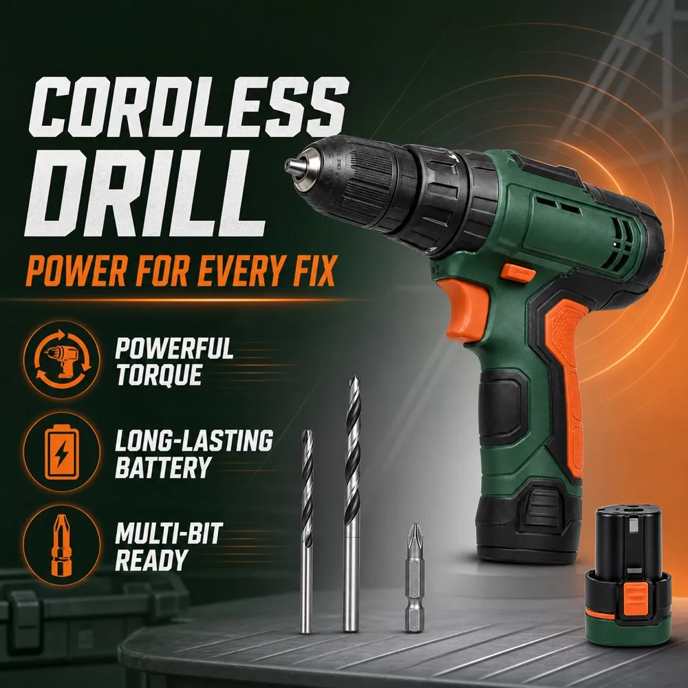 Green cordless drill mockup with bits and battery｜AI Image Generation Prompts