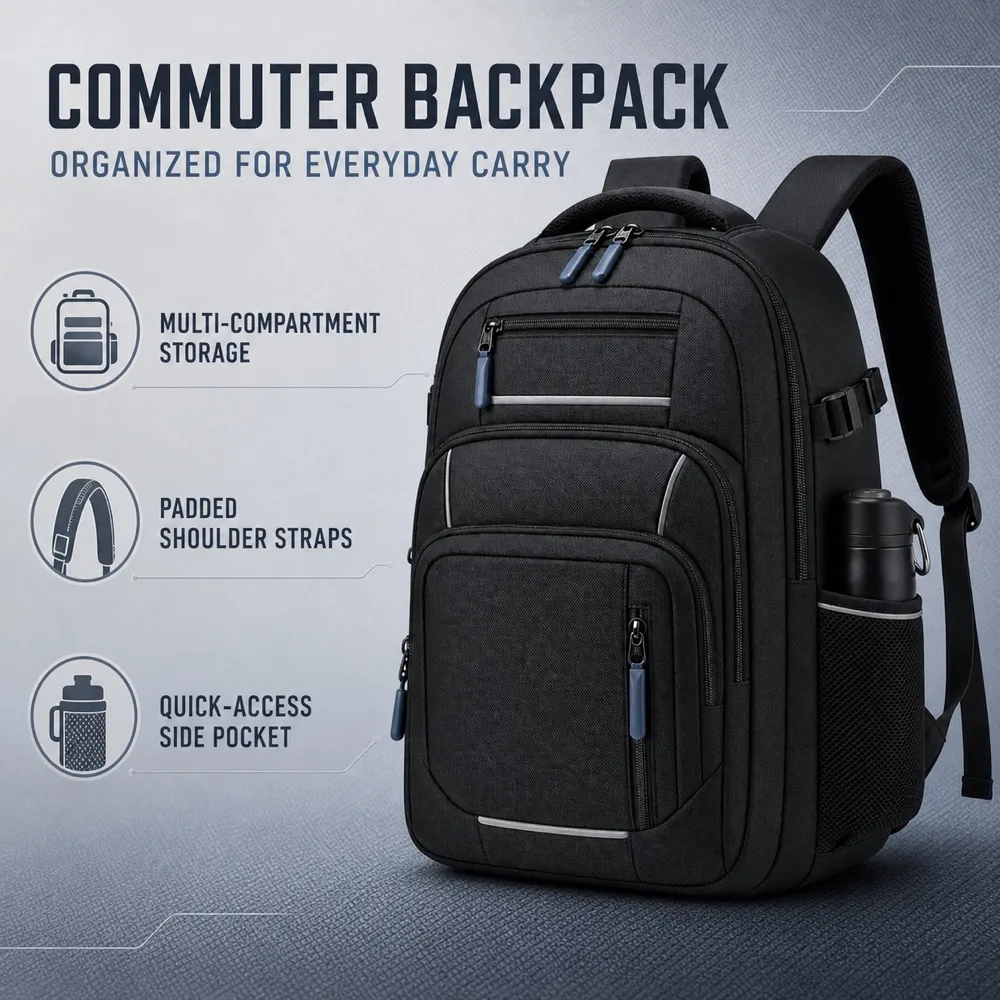 Large Capacity Black Commuter Backpack with Multi-Compartmen｜AI Image Generation Prompts