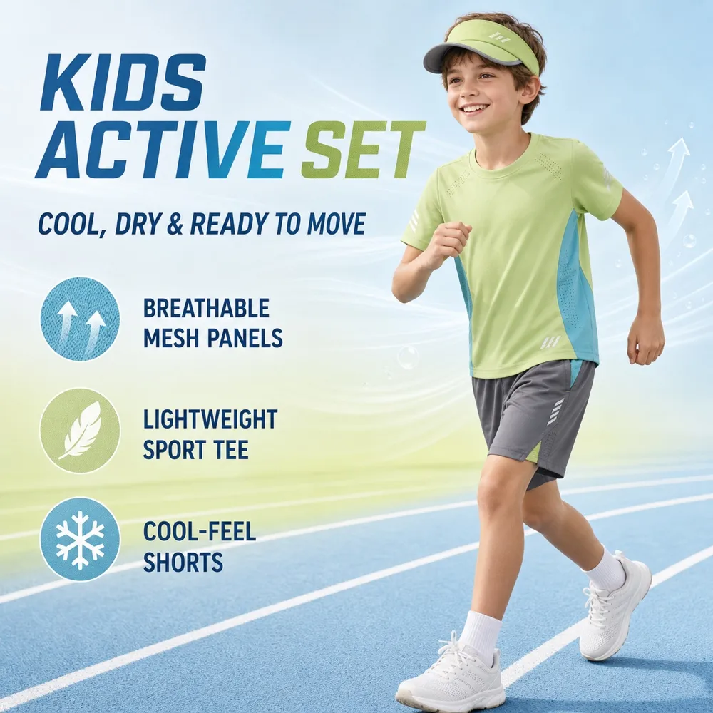 Kids Quick Dry Sports Set with Green Shirt and Shorts｜AI Image Generation Prompts