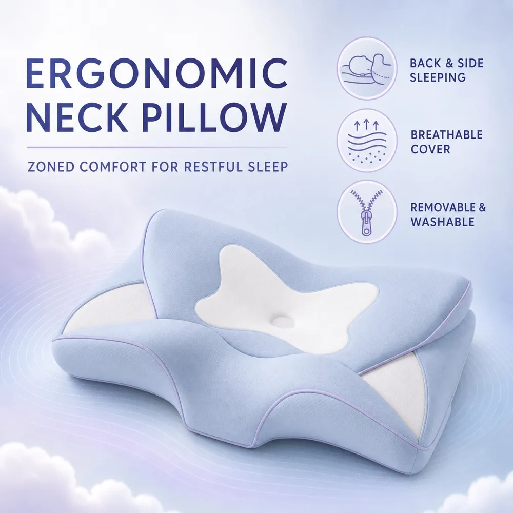 Blue Contoured Neck Support Sleep Pillow Mockup｜AI Image Generation Prompts