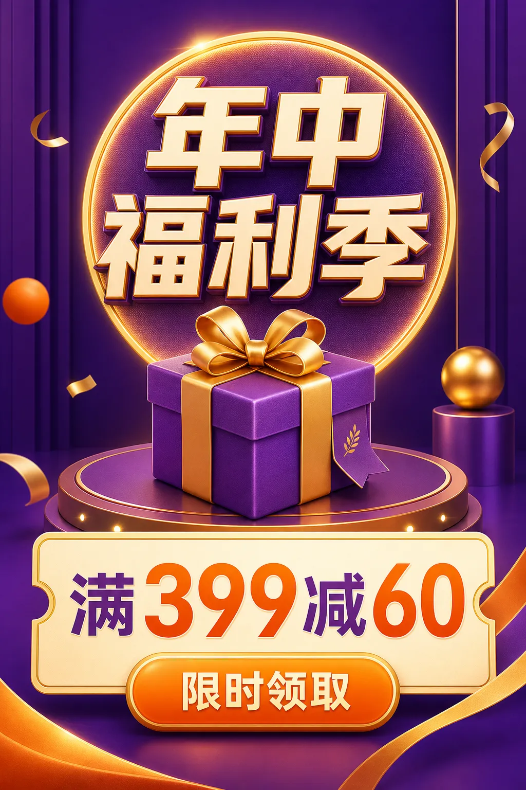 Mid-year sale promotional poster with purple gift box｜AI Image Generation Prompts