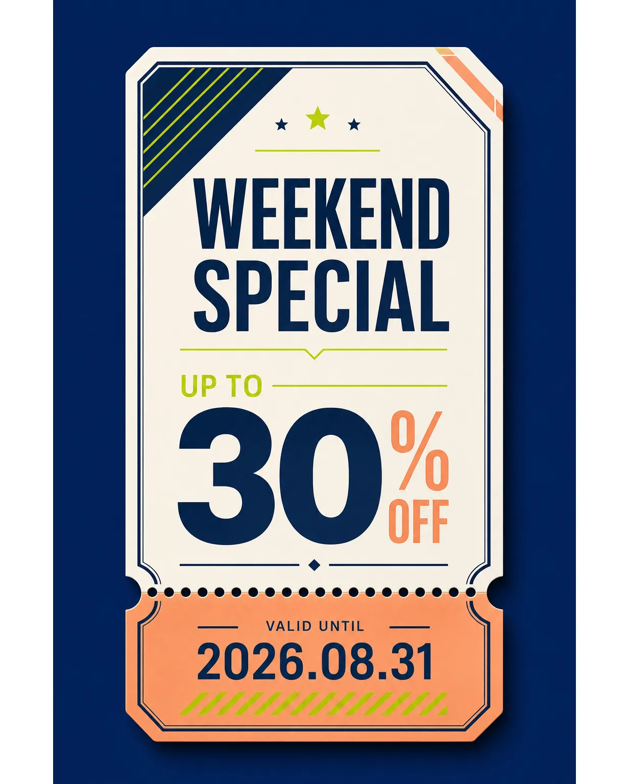 Weekend Special 30% Off Discount Ticket Design｜AI Image Generation Prompts