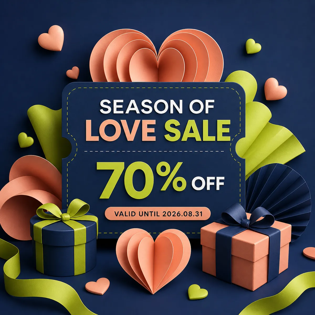 Season of Love Sale 70% Off Paper Art Banner｜AI Image Generation Prompts