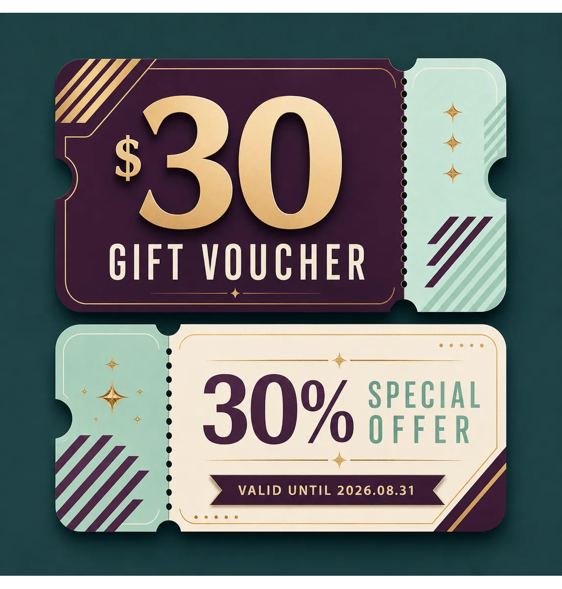Elegant $30 Gift Voucher and 30% Special Offer Ticket｜AI Image Generation Prompts