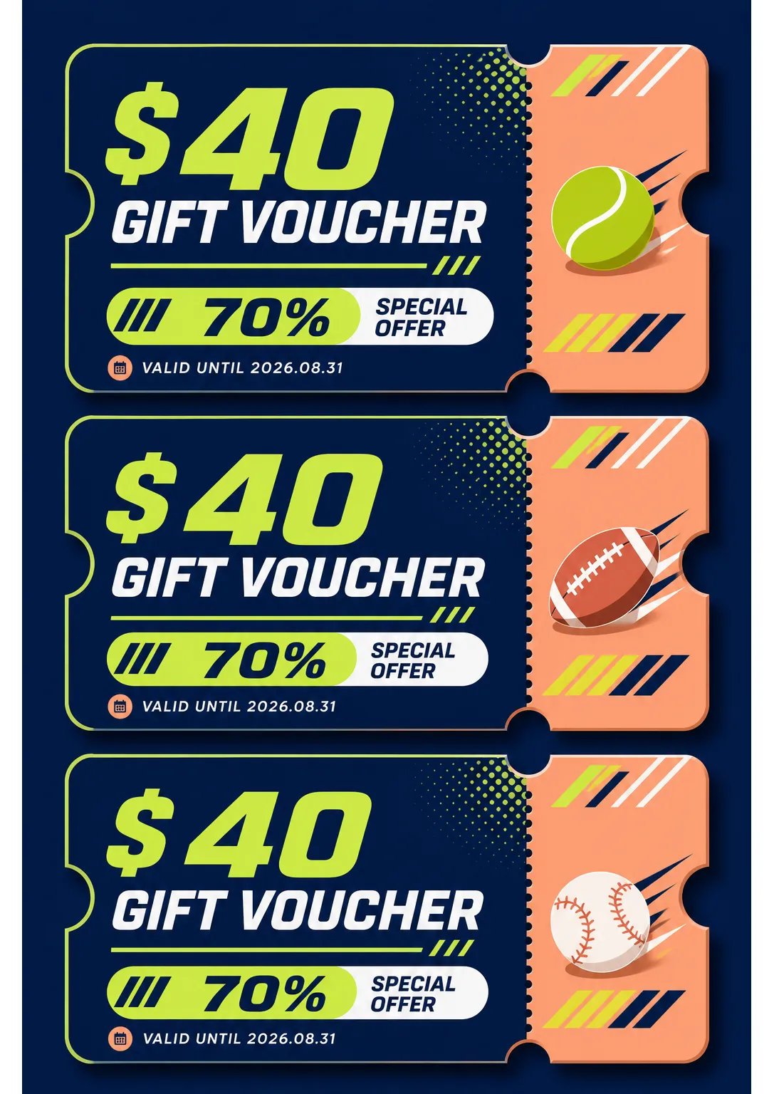 Sports Gift Voucher Set with Tennis, Football, Baseball｜AI Image Generation Prompts