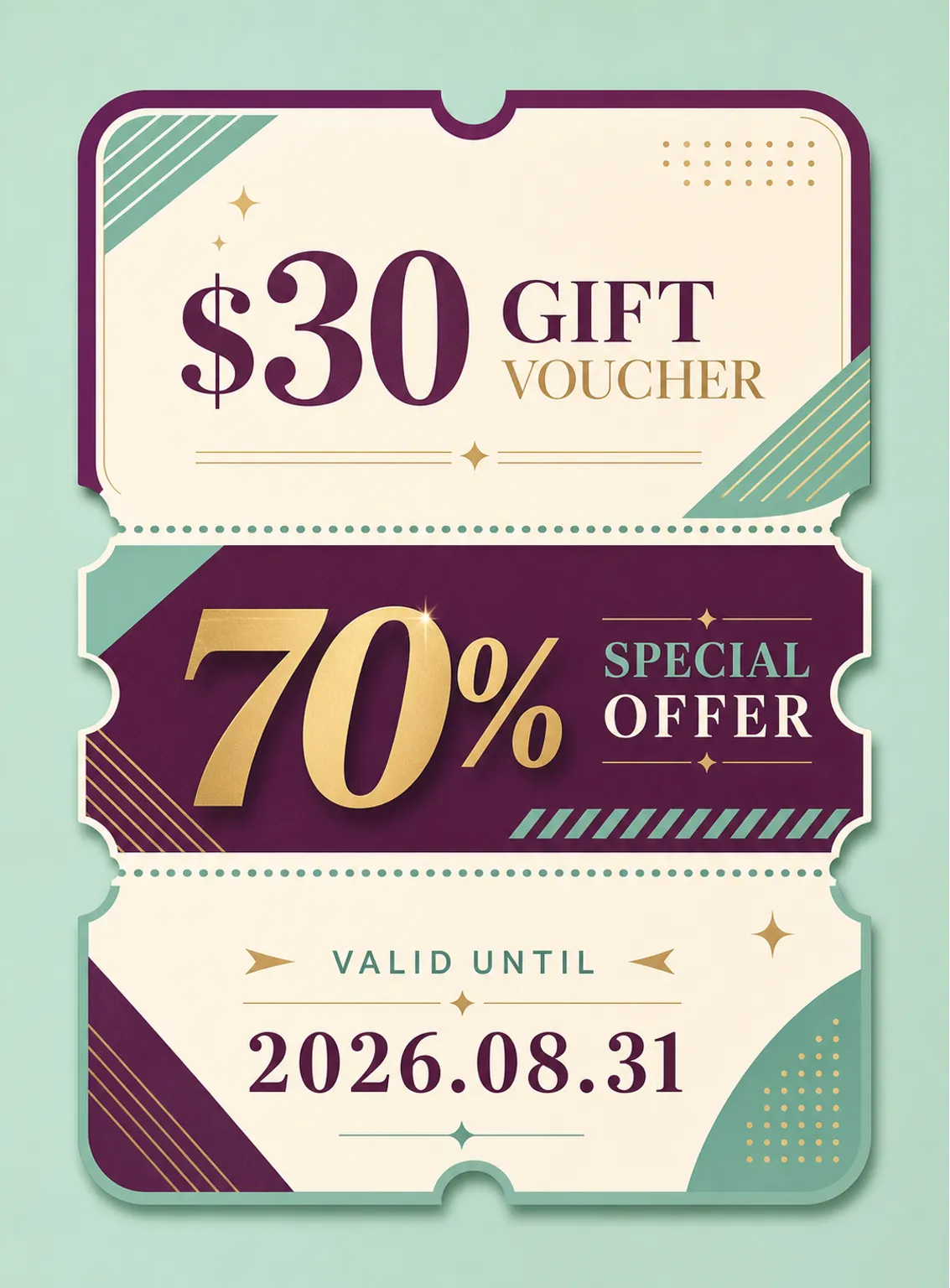 $30 Gift Voucher with 70% Special Offer Design｜AI Image Generation Prompts
