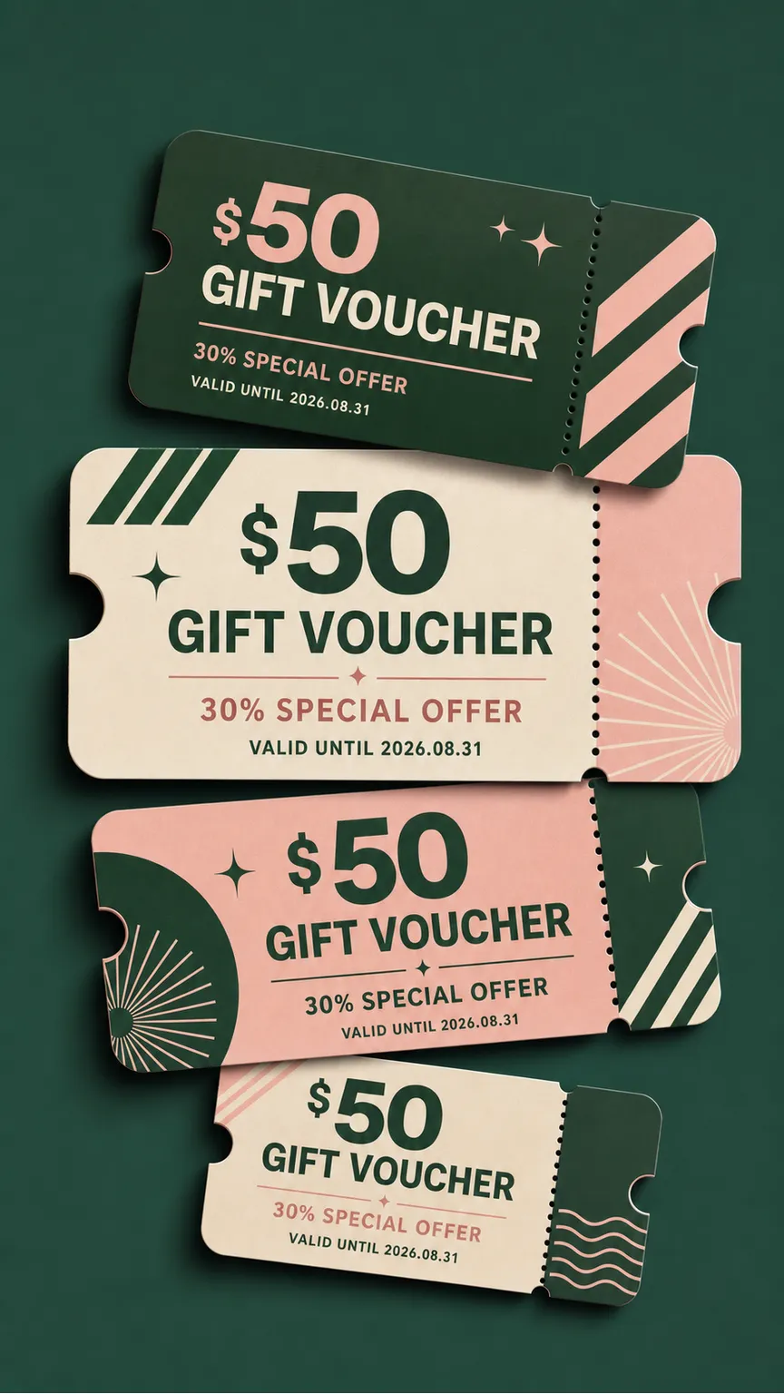 Retro Style $50 Gift Voucher Ticket Set Design｜AI Image Generation Prompts