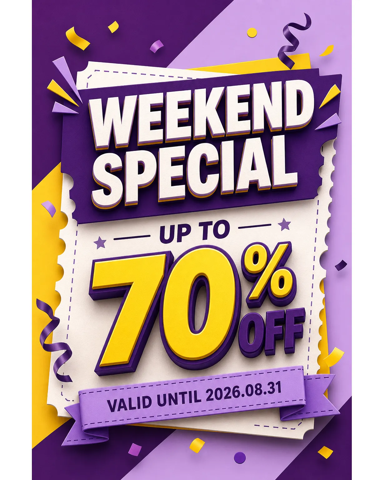 Weekend Special 70% Off 3D Ticket Poster Design｜AI Image Generation Prompts
