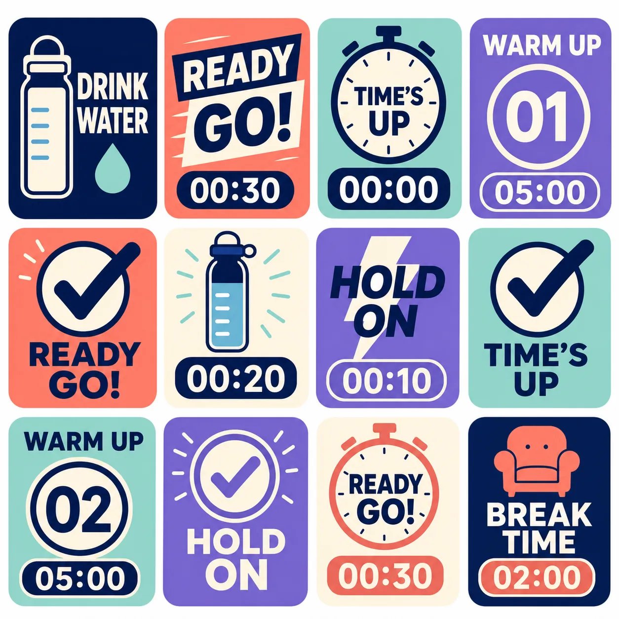 Colorful Fitness Timer and Status Icons Set｜AI Image Generation Prompts