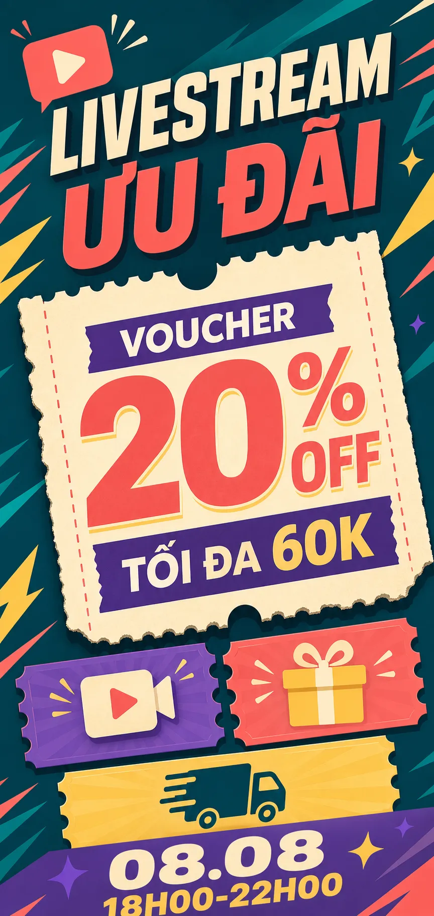 Livestream Sale Voucher 20% Off Discount Banner｜AI Image Generation Prompts