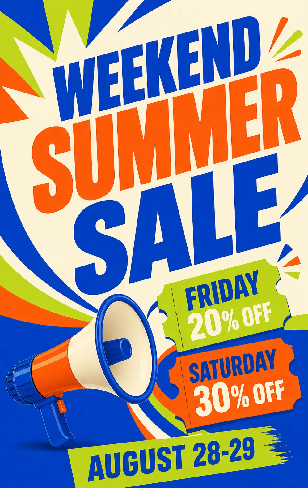 Weekend Summer Sale Poster with Megaphone and Discounts｜AI Image Generation Prompts