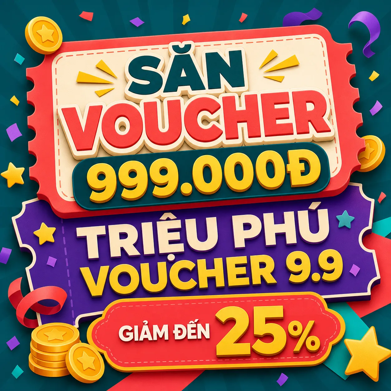 Colorful 3D Voucher Sale Banner with Gold Coins｜AI Image Generation Prompts