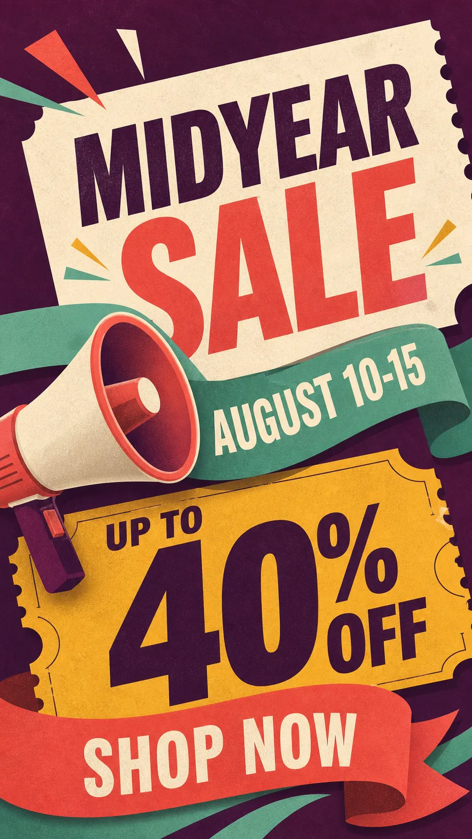Midyear Sale Poster with Megaphone and 40% Off｜AI Image Generation Prompts