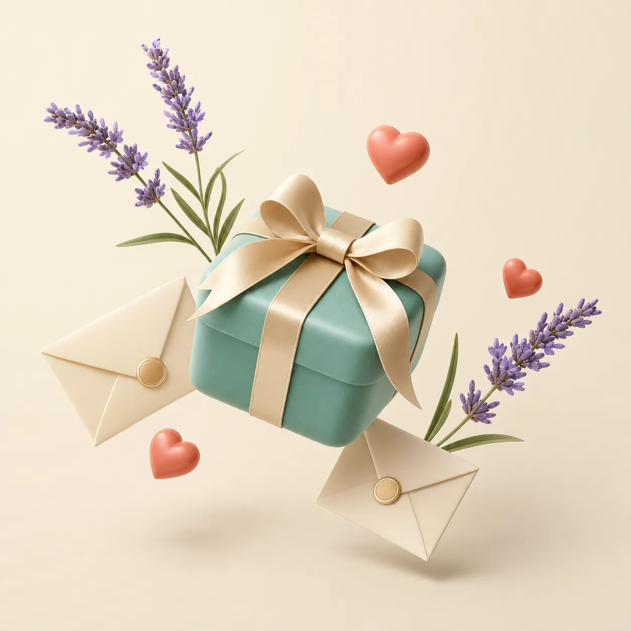 Teal gift box with ribbon, envelopes, and lavender｜AI Image Generation Prompts