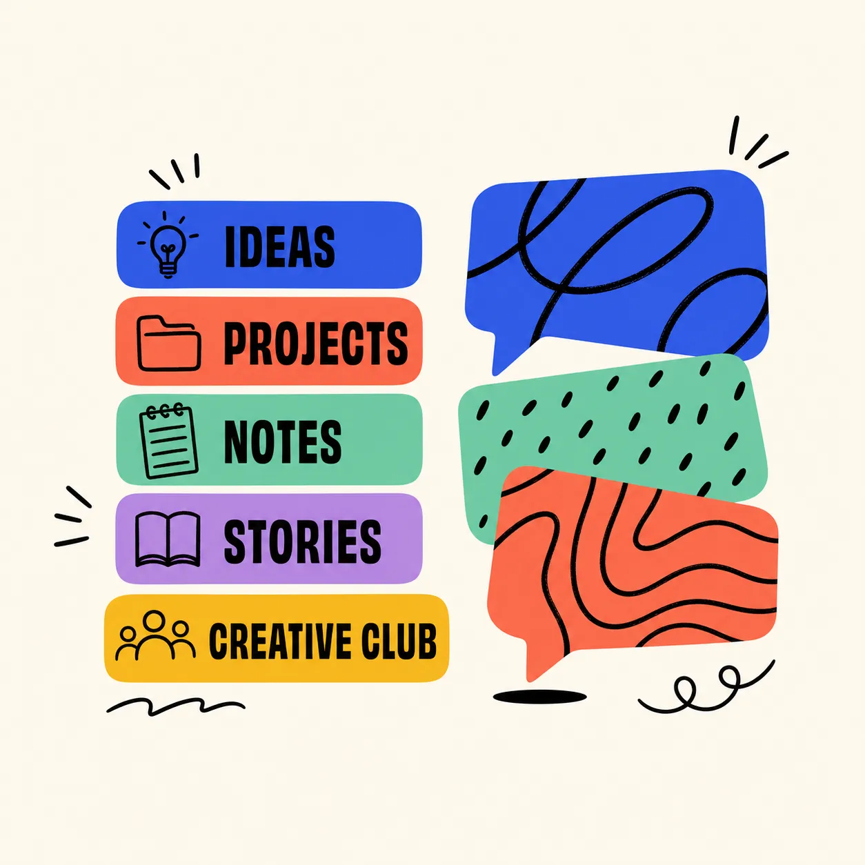 Colorful categories for ideas, projects, notes, and stories｜AI Image Generation Prompts
