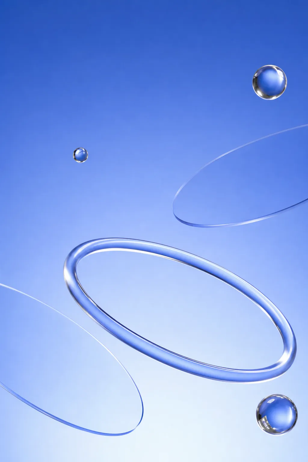 Abstract Glass Rings and Spheres on Blue Background｜AI Image Generation Prompts