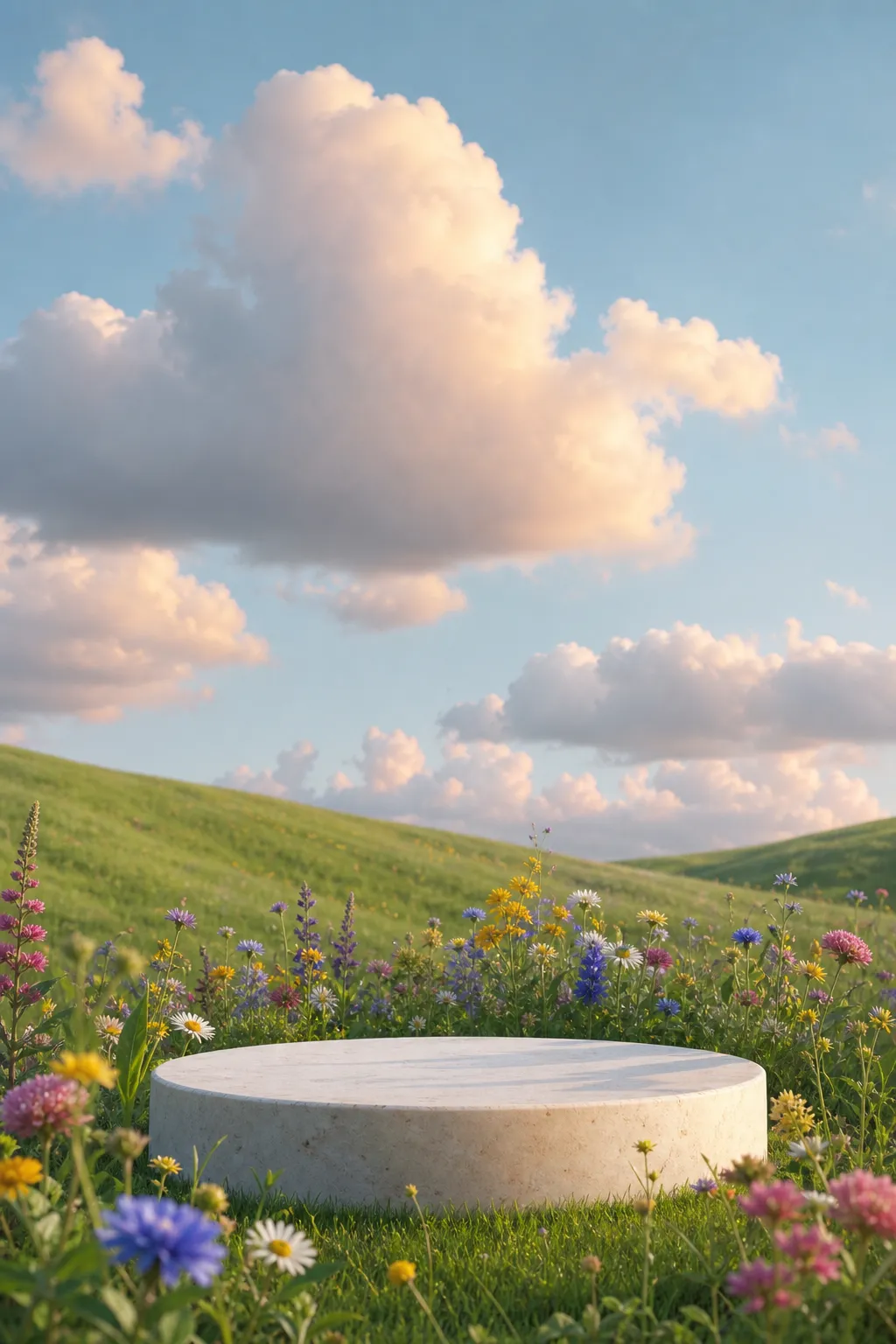 Round stone podium in a wildflower meadow｜AI Image Generation Prompts