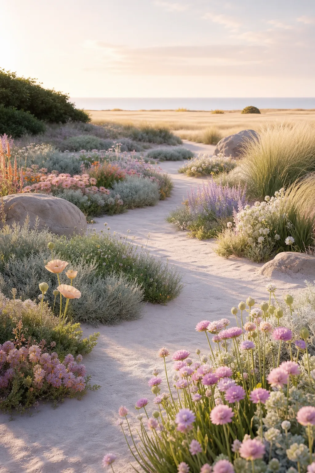 Sandy path through coastal garden with wildflowers｜AI Image Generation Prompts