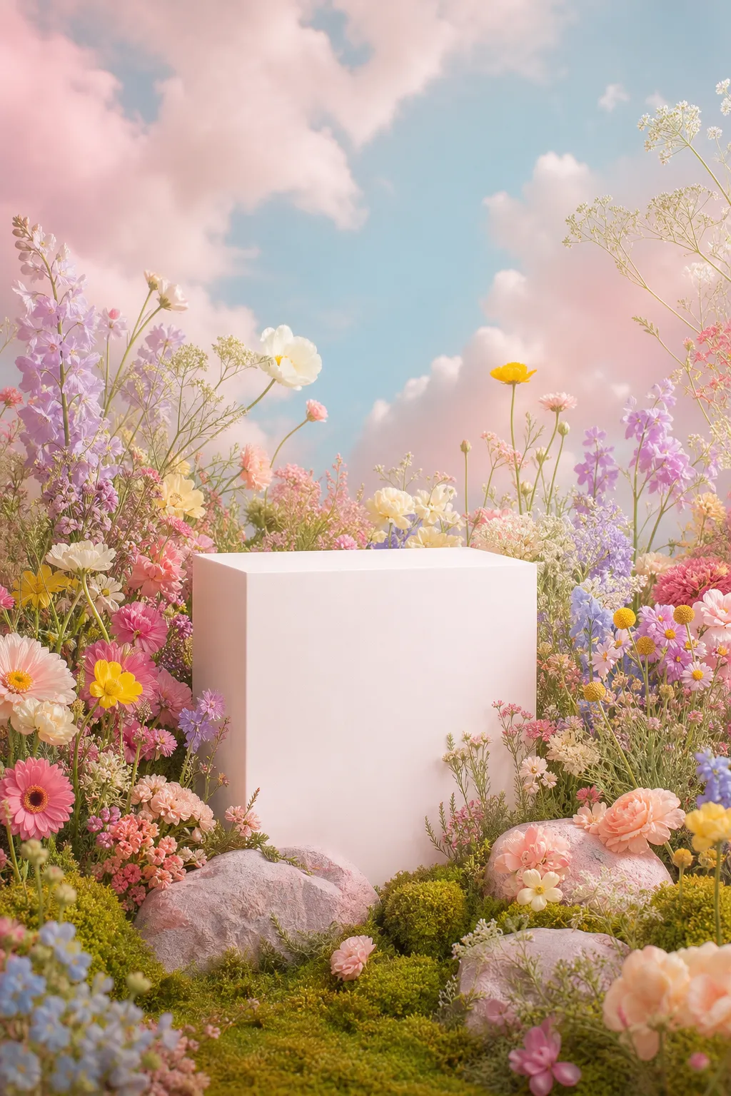 White Podium in Colorful Flower Garden｜AI Image Generation Prompts