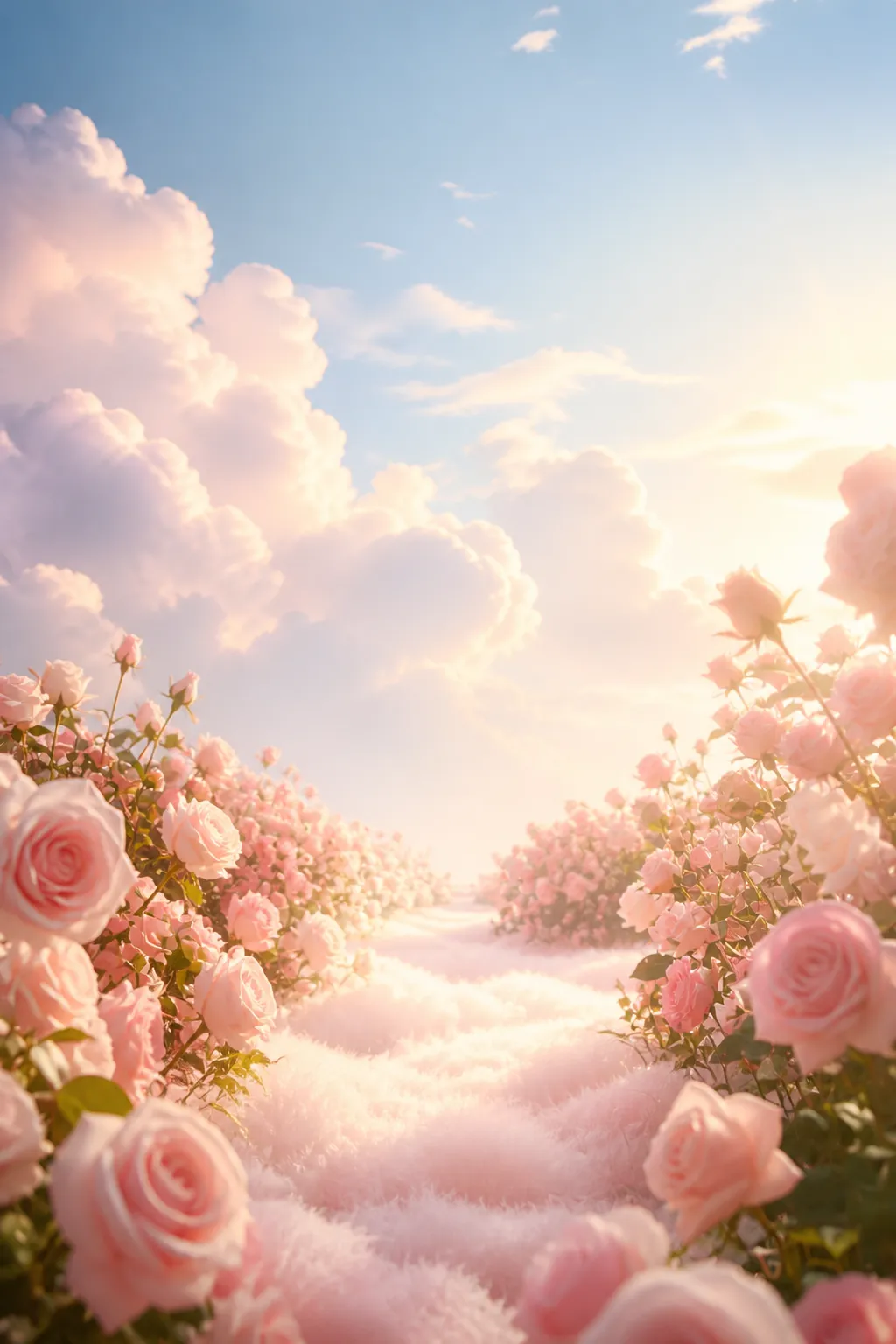 Dreamy Path of Pink Roses Under Fluffy Clouds｜AI Image Generation Prompts