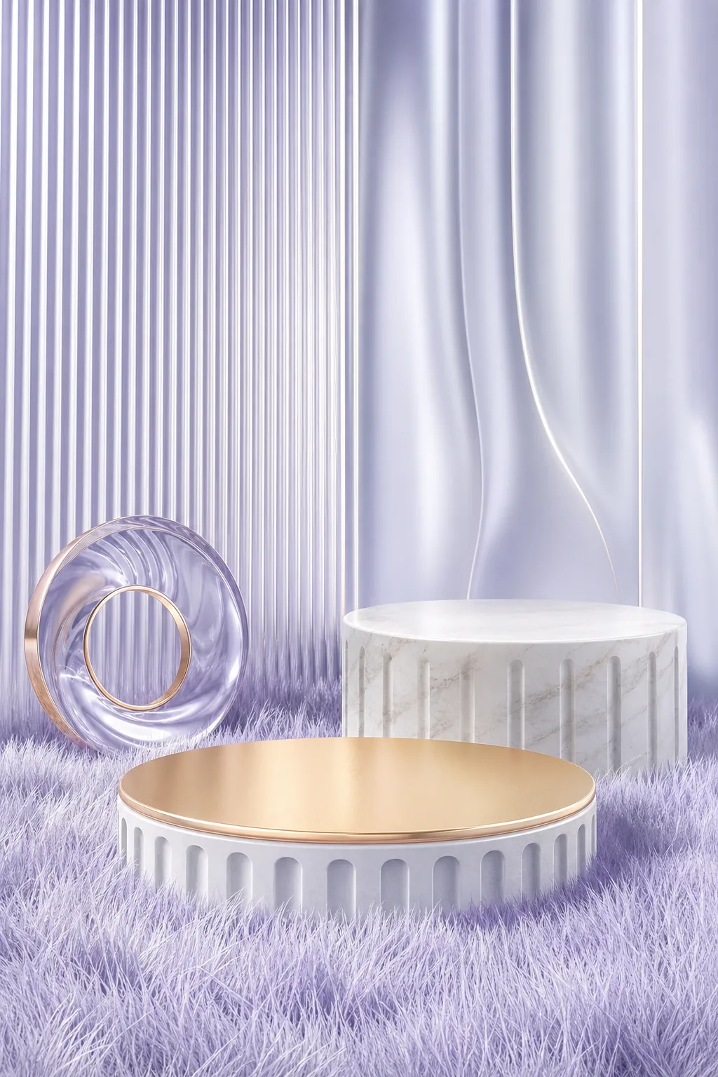 Purple Fur Scene with Marble and Gold Podiums｜AI Image Generation Prompts
