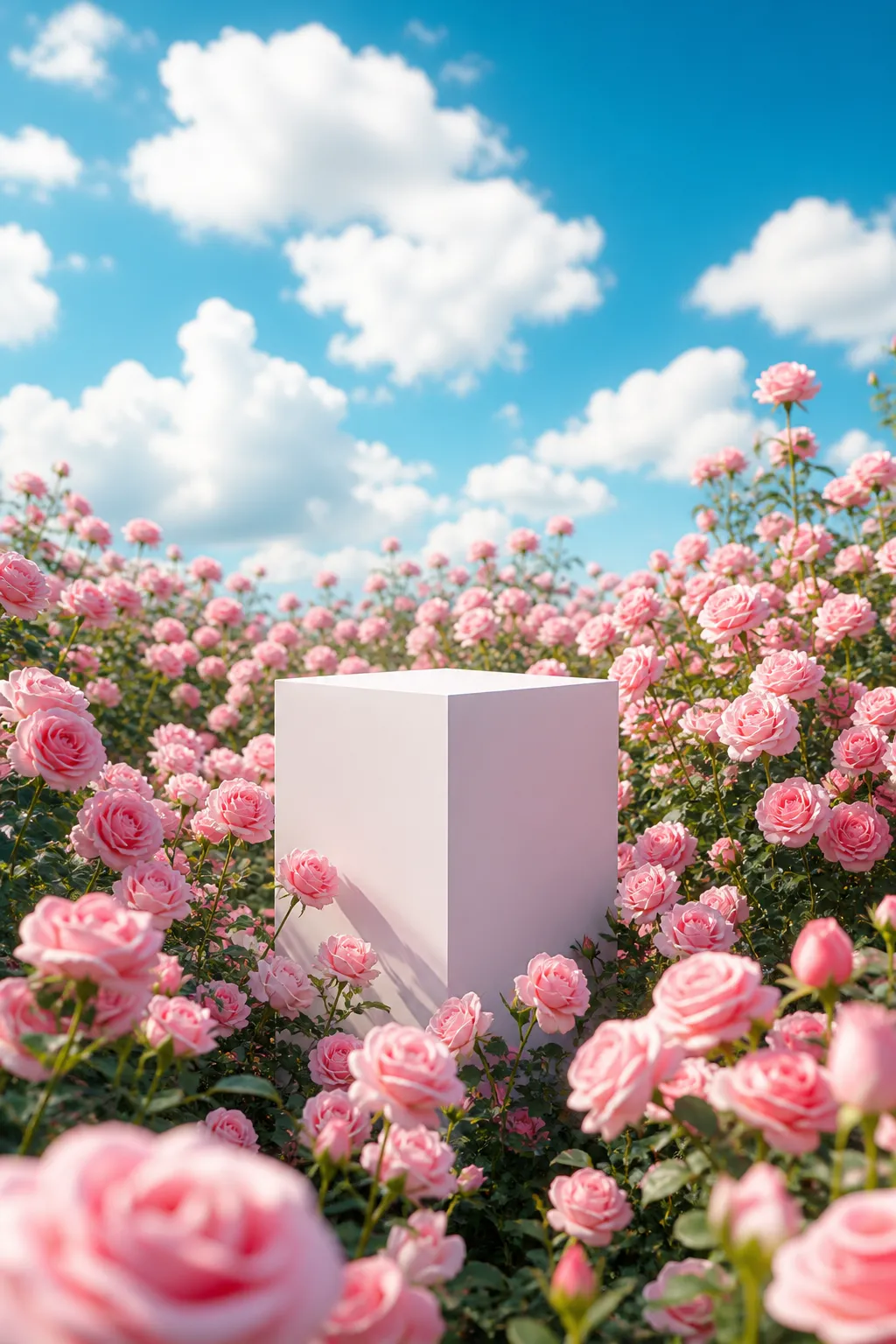 White podium in pink rose field under sky｜AI Image Generation Prompts