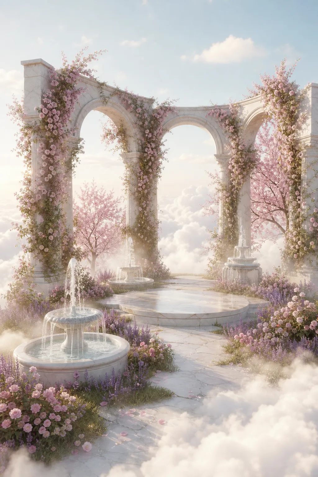Fantasy Garden with White Arches and Pink Flowers｜AI Image Generation Prompts