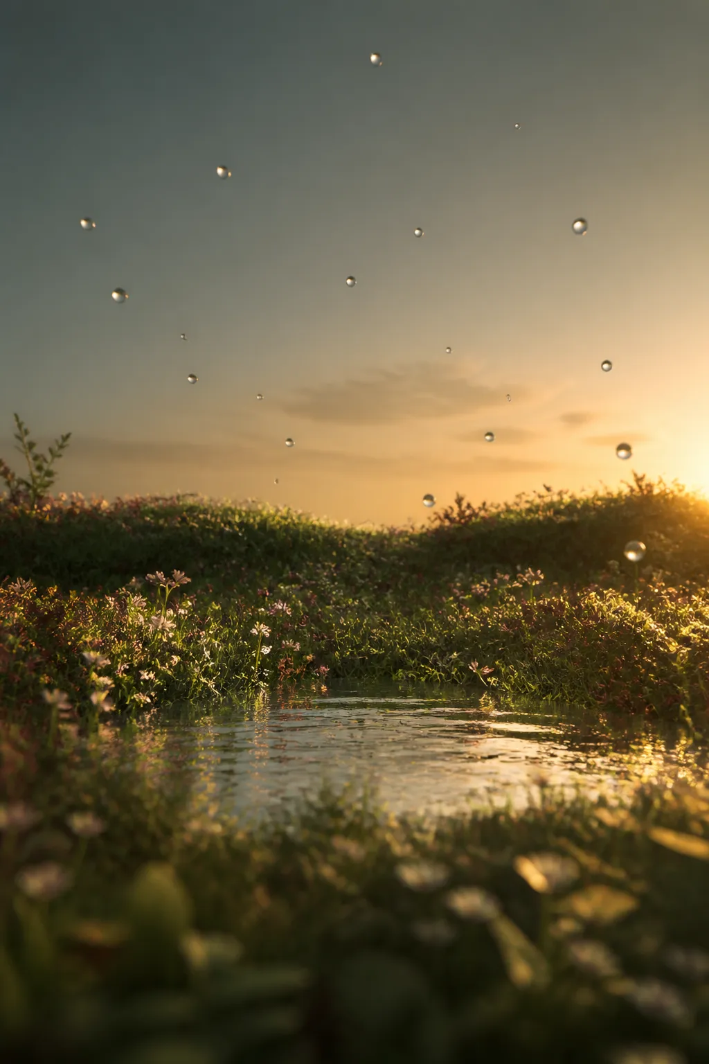 Floating Water Droplets Over a Pond at Sunset｜AI Image Generation Prompts