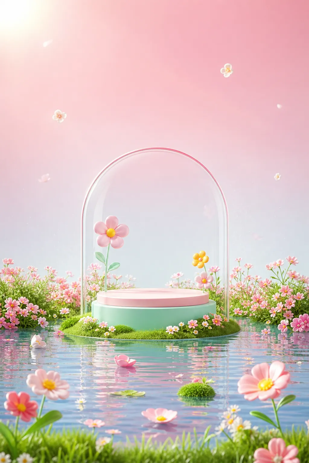 Spring flower glass dome podium display scene｜AI Image Generation Prompts