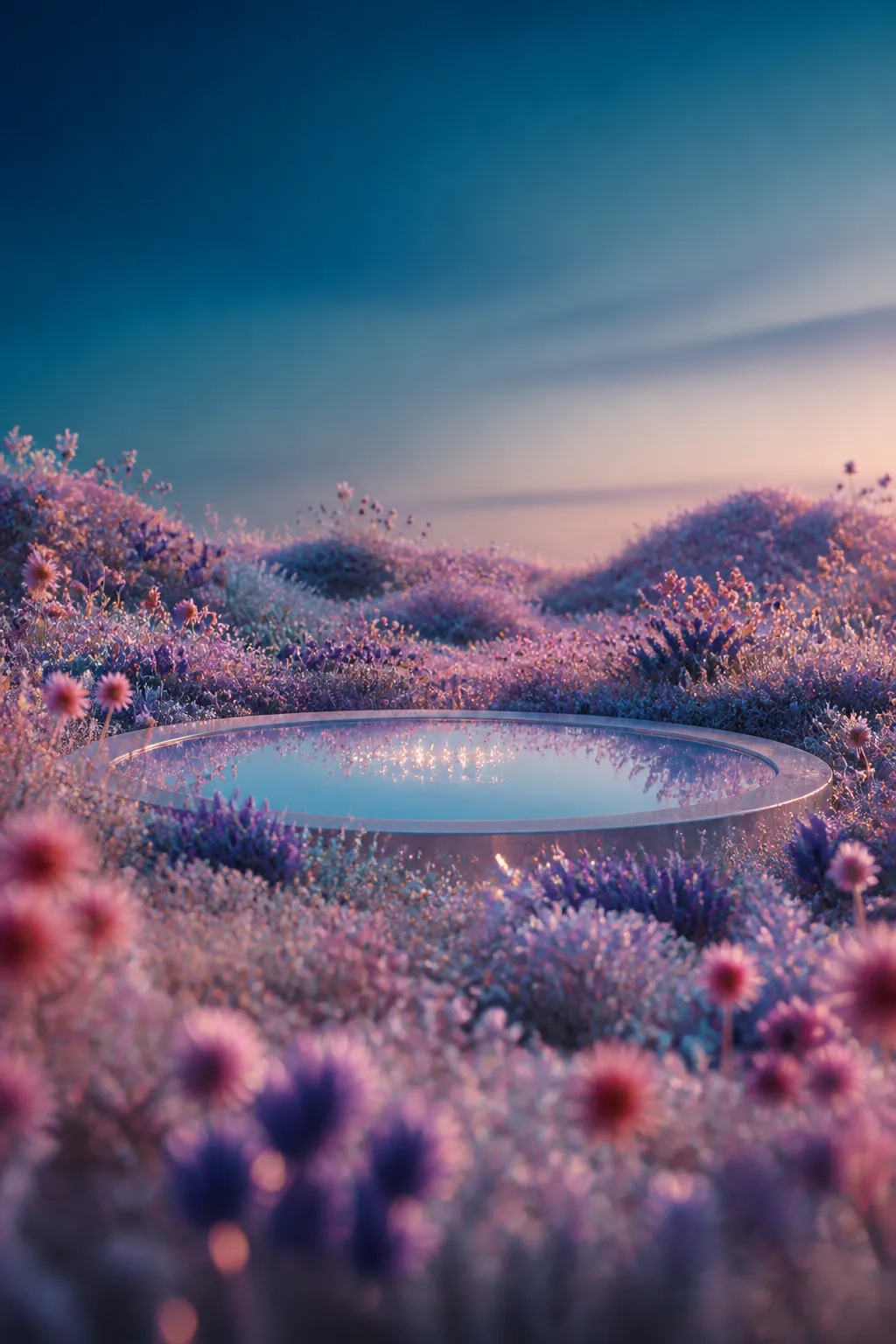 Circular pool in a field of purple flowers at sunset｜AI Image Generation Prompts
