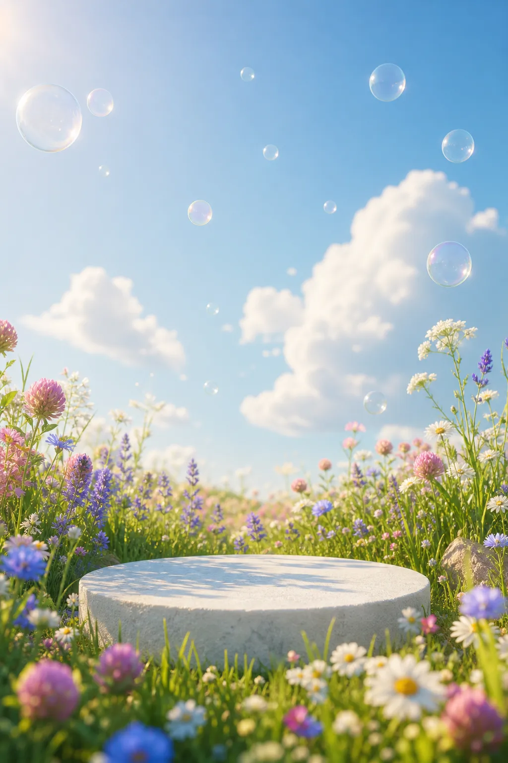Round stone podium in wildflower field with bubbles｜AI Image Generation Prompts