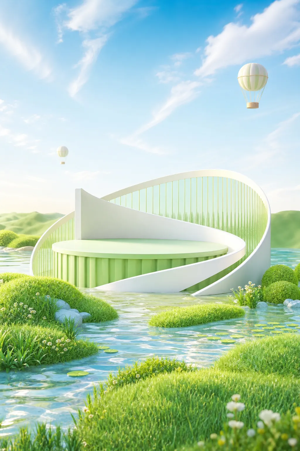 Green and white circular podium stage in water landscape｜AI Image Generation Prompts