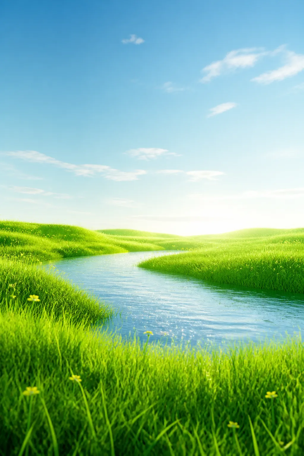 River flowing through lush green hills under blue sky｜AI Image Generation Prompts
