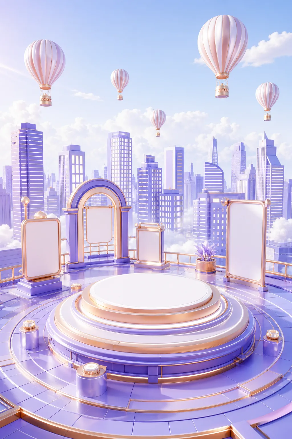 Pastel Purple 3D Podium Stage with Hot Air Balloons｜AI Image Generation Prompts