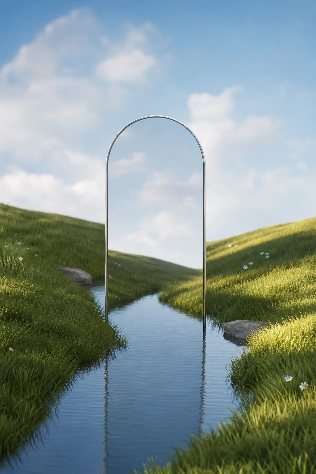 Silver archway in a stream through green hills｜AI Image Generation Prompts