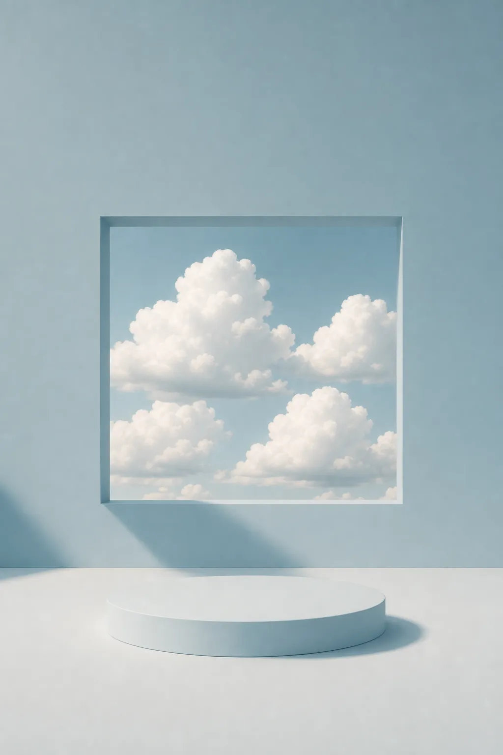 Minimalist blue podium with cloudy sky window｜AI Image Generation Prompts