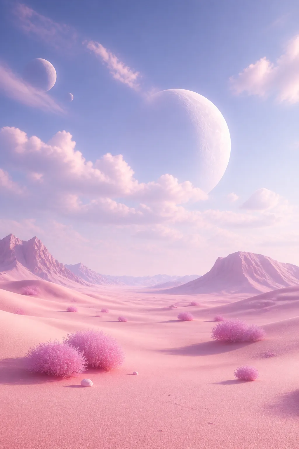 Surreal Pink Alien Desert Landscape with Giant Moons｜AI Image Generation Prompts