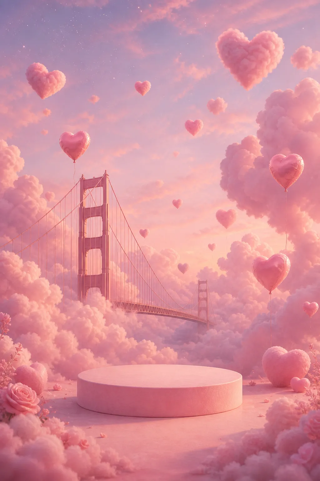 Pink dreamy bridge scene with heart clouds and podium｜AI Image Generation Prompts