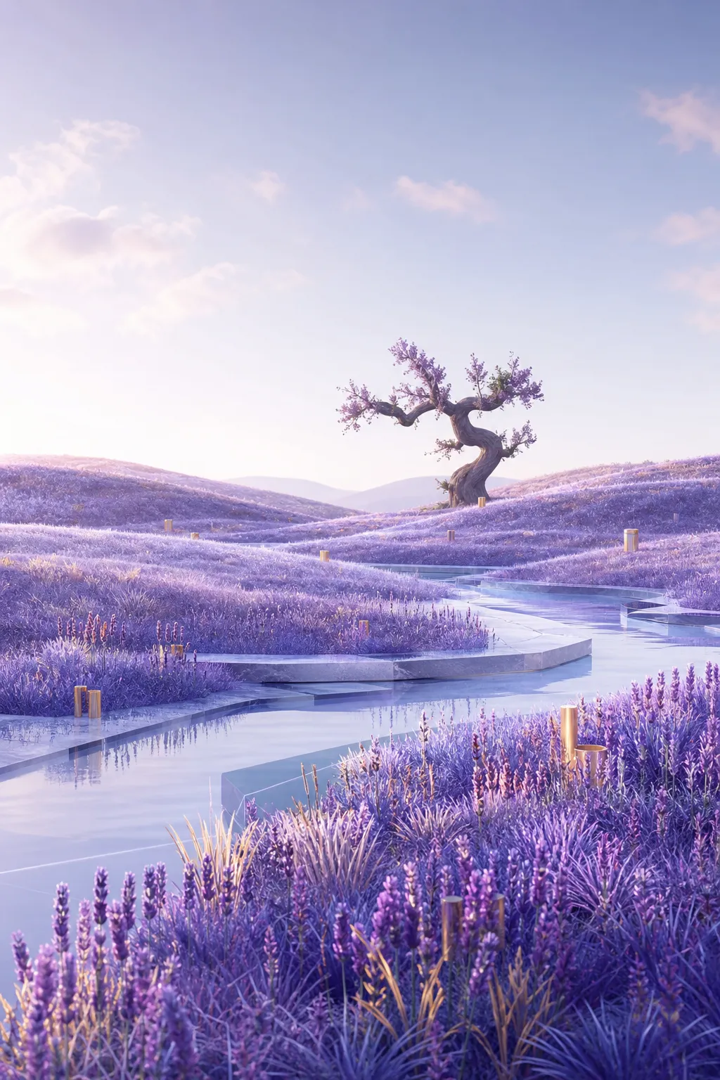 Purple lavender hills with winding pool and tree｜AI Image Generation Prompts