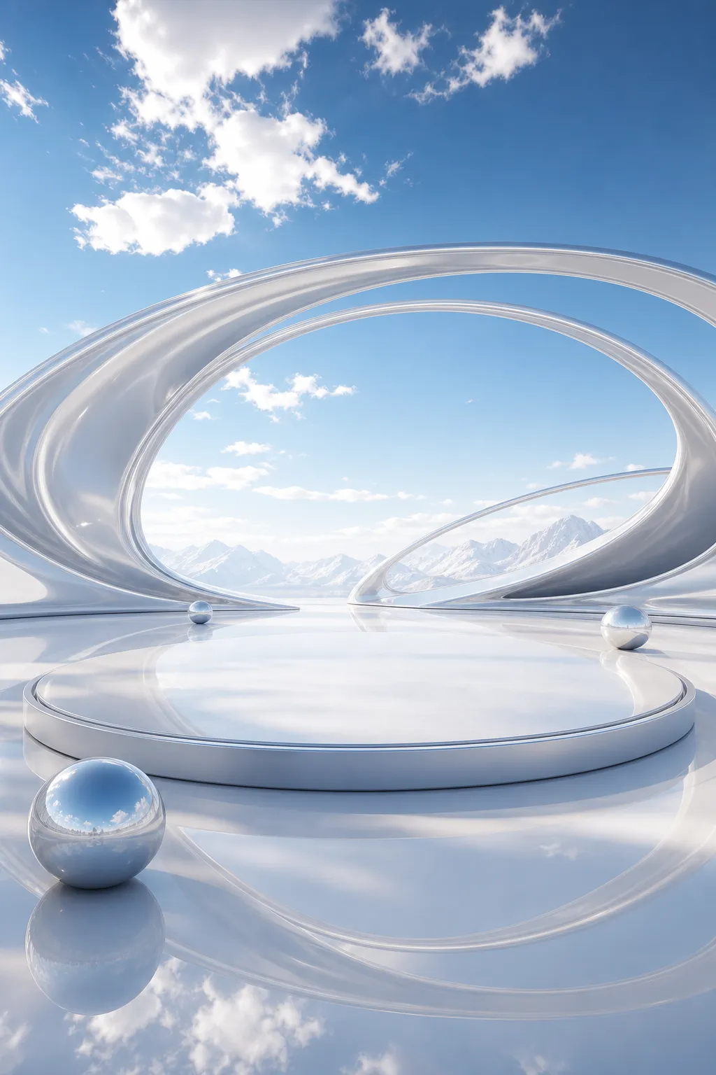 Futuristic white podium stage with blue sky and mountains｜AI Image Generation Prompts