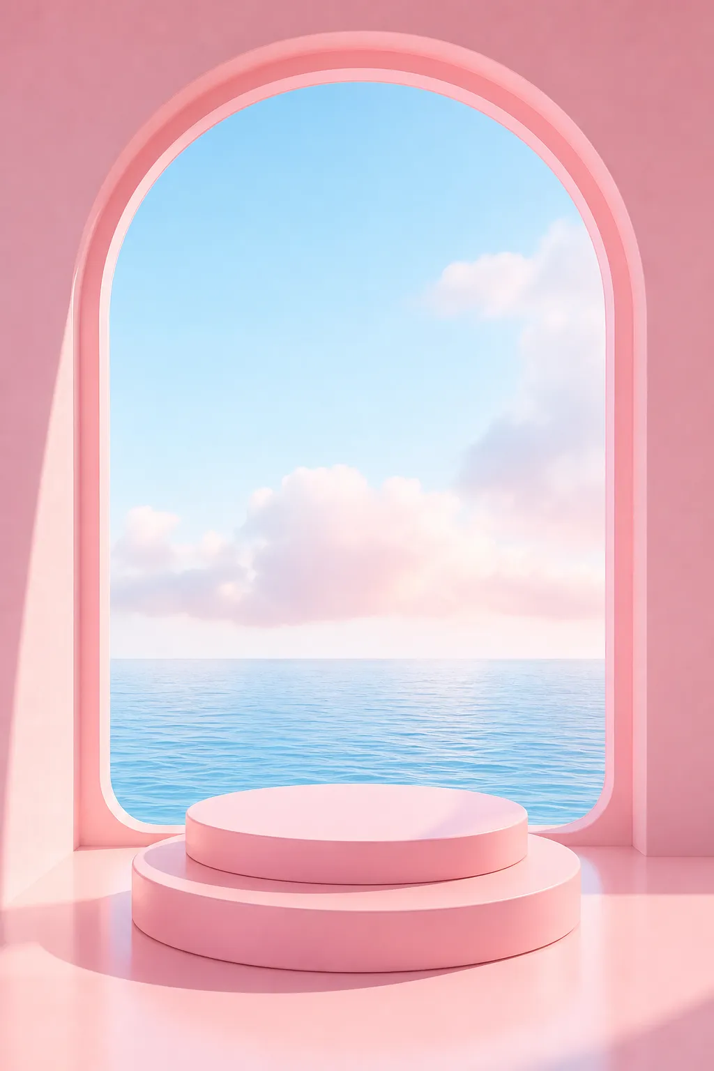 Pink circular podium with arched window and ocean view｜AI Image Generation Prompts
