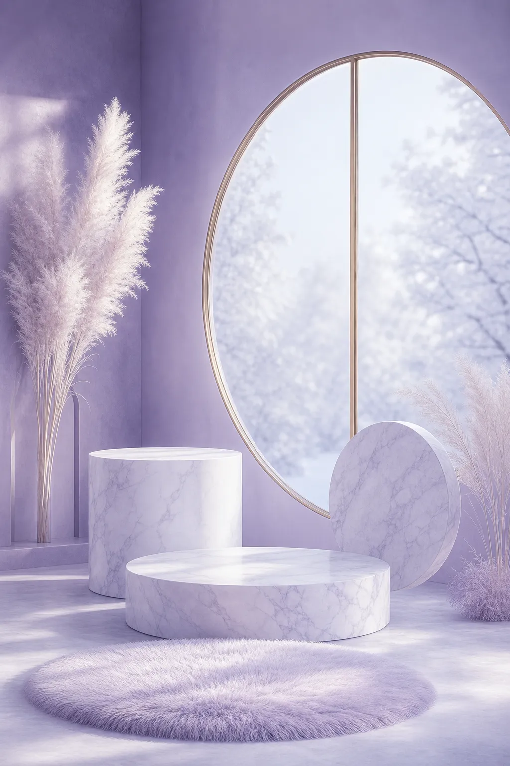 Purple Marble Podium Display with Pampas Grass｜AI Image Generation Prompts